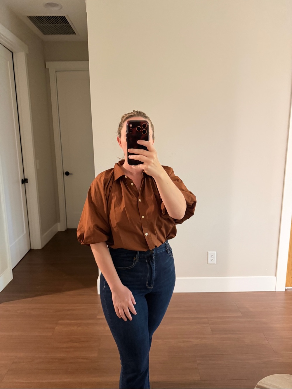 Ann Taylor Rust Brown Puff-Sleeve Button Front Blouse